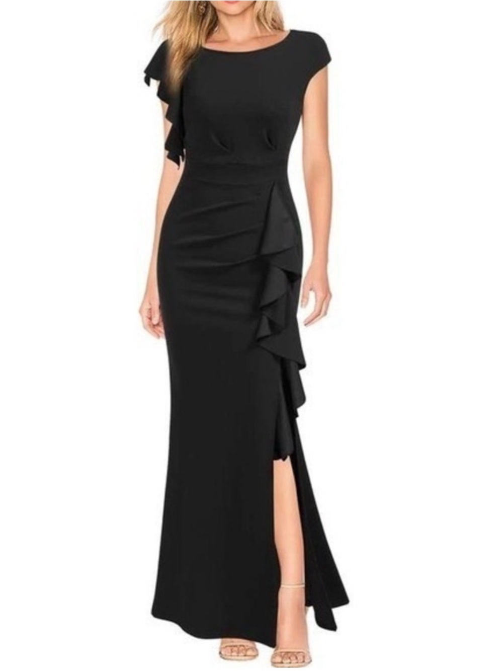 NWT Woosea Black Ruffle Maxi Dress Women’s XL Formal Evening Gown Flutter Sleeve